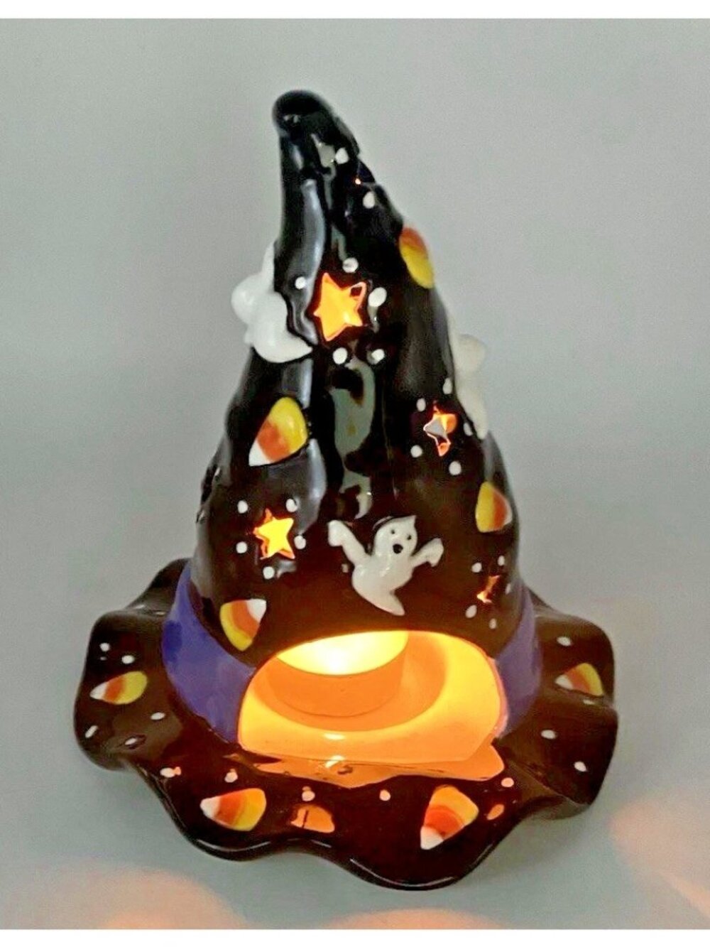 Bella Casa By Ganz Halloween Witch Hat Tealight Candle Holder Candy Corn Ghosts - Picture 3 of 16